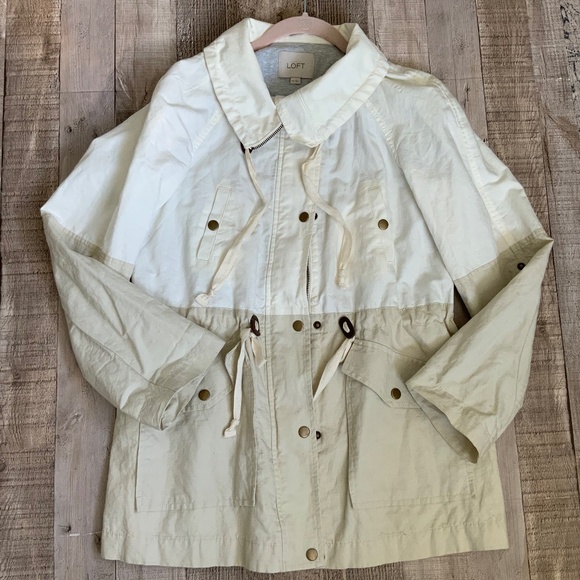 LOFT Anorak Jacket Neutral Linen Cotton Colorblock Drawstring Waist SZ XS (S) - Picture 13 of 13